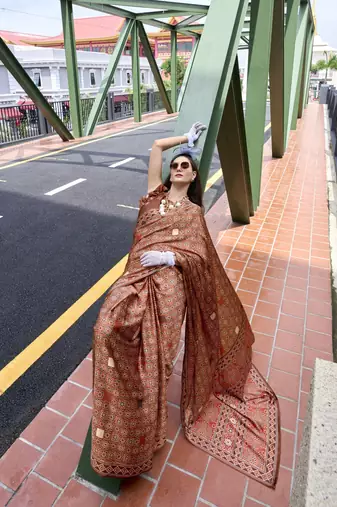 Brown ajrakh printed satin silk blend saree with blouse