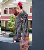 Teal green ajrakh printed satin silk blend saree with blouse