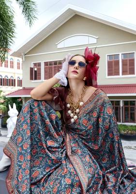 Teal green ajrakh printed satin silk blend saree with blouse 2