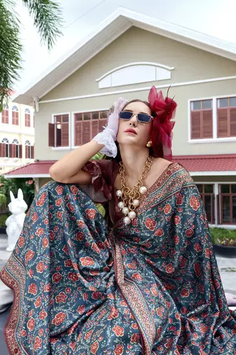 Teal green ajrakh printed satin silk blend saree with blouse