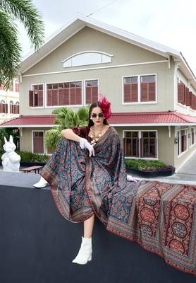 Teal green ajrakh printed satin silk blend saree with blouse 3
