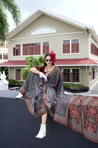 Teal green ajrakh printed satin silk blend saree with blouse