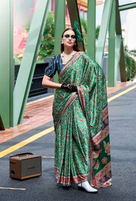 Green ajrakh printed satin silk blend saree with blouse 1