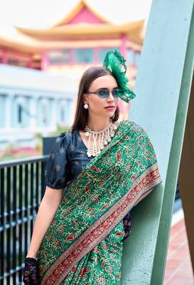Green ajrakh printed satin silk blend saree with blouse 2