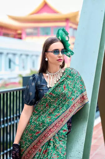 Green ajrakh printed satin silk blend saree with blouse