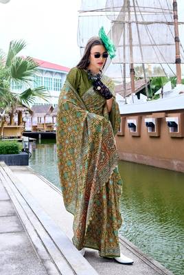 Mehendi ajrakh printed satin silk blend saree with blouse 2