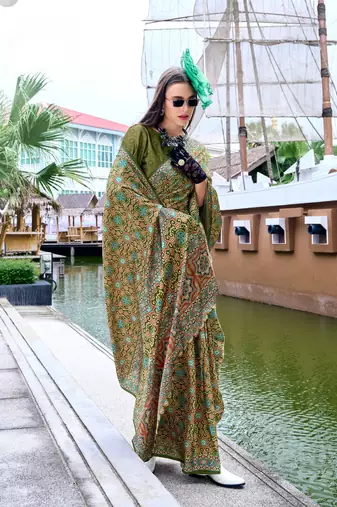 Mehendi ajrakh printed satin silk blend saree with blouse