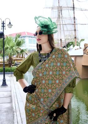 Mehendi ajrakh printed satin silk blend saree with blouse 3