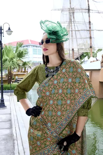 Mehendi ajrakh printed satin silk blend saree with blouse