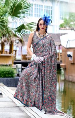 Grey ajrakh printed satin silk blend saree with blouse 1