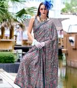 Grey ajrakh printed satin silk blend saree with blouse