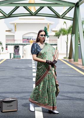 Green ajrakh printed satin silk blend saree with blouse 3