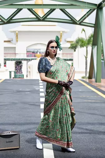 Green ajrakh printed satin silk blend saree with blouse