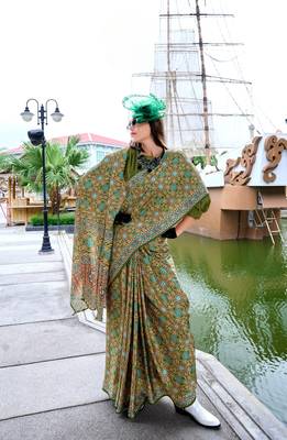 Mehendi ajrakh printed satin silk blend saree with blouse 1