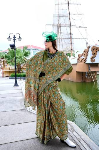 Mehendi ajrakh printed satin silk blend saree with blouse