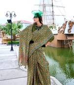 Mehendi ajrakh printed satin silk blend saree with blouse