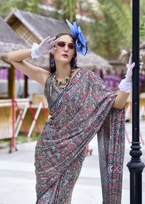 Grey ajrakh printed satin silk blend saree with blouse 2
