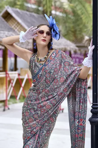 Grey ajrakh printed satin silk blend saree with blouse