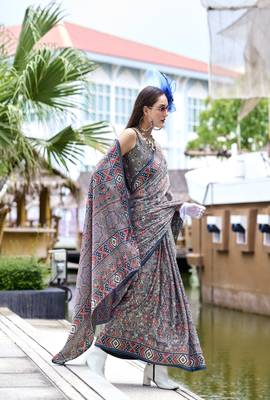Grey ajrakh printed satin silk blend saree with blouse 3