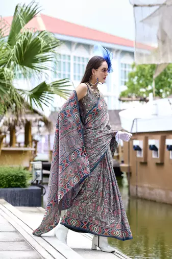 Grey ajrakh printed satin silk blend saree with blouse
