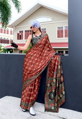 Maroon ajrakh printed satin silk blend saree with blouse 1