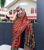 Maroon ajrakh printed satin silk blend saree with blouse