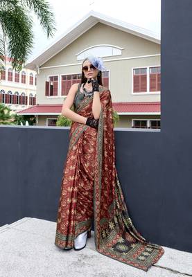 Maroon ajrakh printed satin silk blend saree with blouse 2