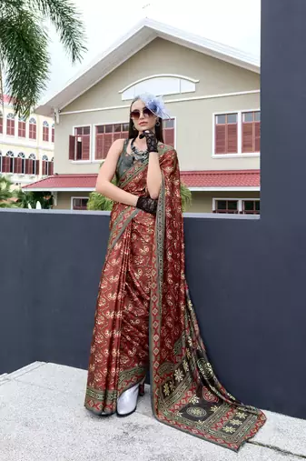 Maroon ajrakh printed satin silk blend saree with blouse