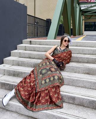 Maroon ajrakh printed satin silk blend saree with blouse 3