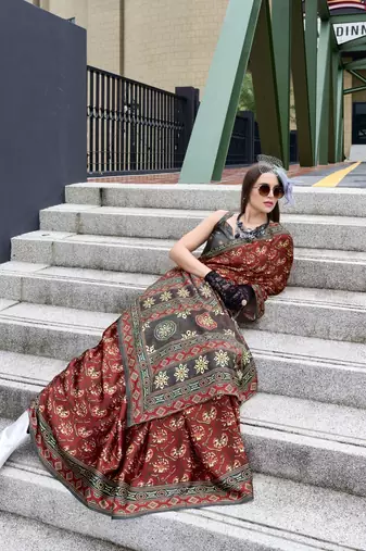 Maroon ajrakh printed satin silk blend saree with blouse