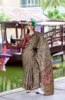 Dark grey ajrakh printed satin silk blend saree with blouse 1