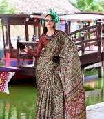 Dark grey ajrakh printed satin silk blend saree with blouse
