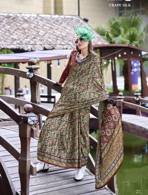 Dark grey ajrakh printed satin silk blend saree with blouse 2