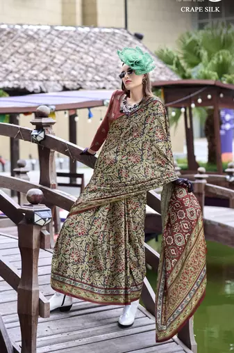 Dark grey ajrakh printed satin silk blend saree with blouse