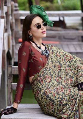 Dark grey ajrakh printed satin silk blend saree with blouse 3