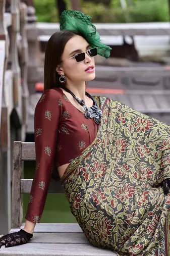 Dark grey ajrakh printed satin silk blend saree with blouse