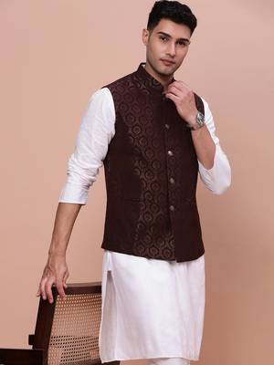 men's woven design brown slim fit nehru jacket 1