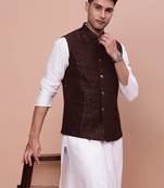 men's woven design brown slim fit nehru jacket