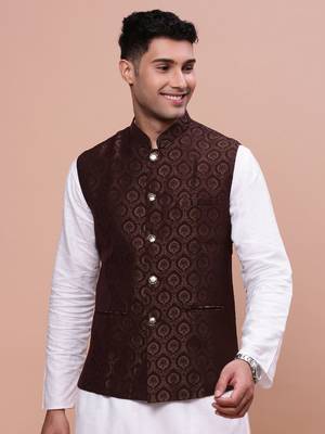 men's woven design brown slim fit nehru jacket 2