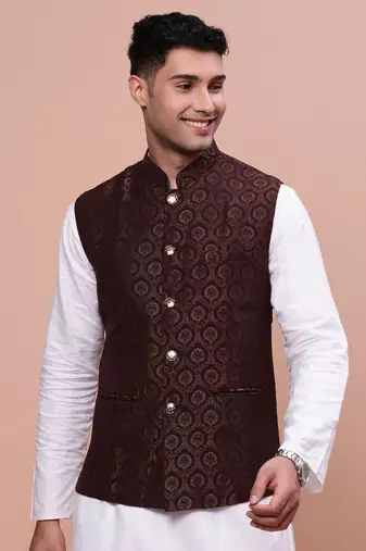 men's woven design brown slim fit nehru jacket