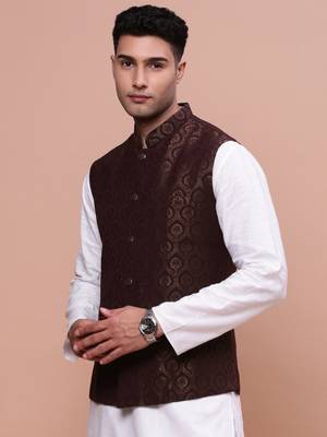men's woven design brown slim fit nehru jacket 3