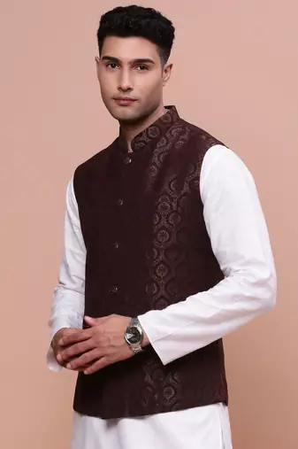 men's woven design brown slim fit nehru jacket