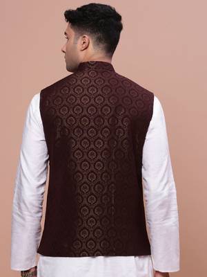 men's woven design brown slim fit nehru jacket 4