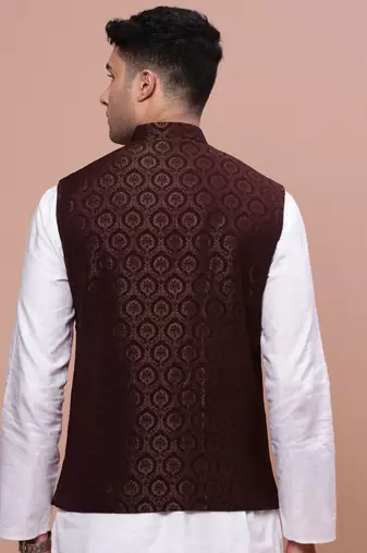 men's woven design brown slim fit nehru jacket