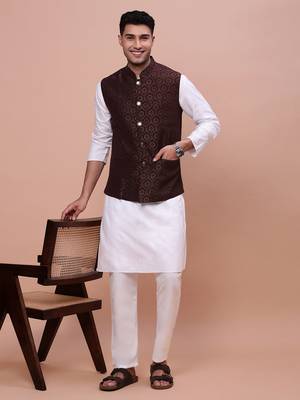 men's woven design brown slim fit nehru jacket 5