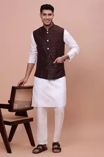 men's woven design brown slim fit nehru jacket