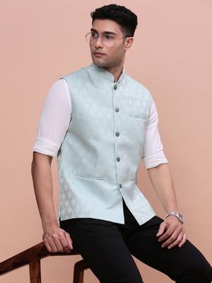 men's woven design sea green slim fit nehru jacket 1
