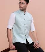 men's woven design sea green slim fit nehru jacket