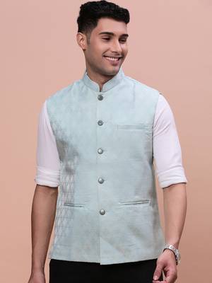 men's woven design sea green slim fit nehru jacket 2