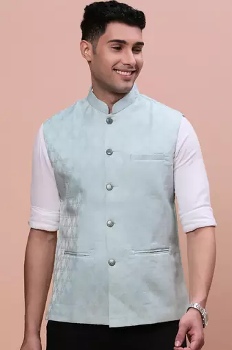 men's woven design sea green slim fit nehru jacket